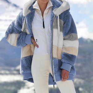 Winter Women Plush Coat Hooded Zipper Jackets Casual Oversized Stitching- Blue